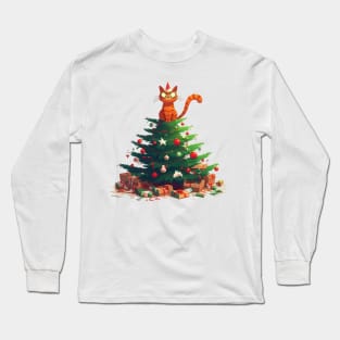 Cat Destroying Christmas Tree Illustration Long Sleeve T-Shirt